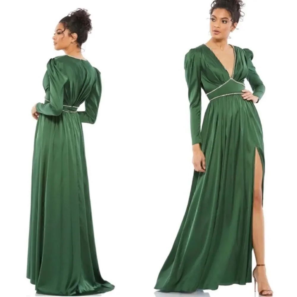 Mac Duggal NWT Satin Puff Shoulder Rhinestone Encrusted Gown Emerald Green 14